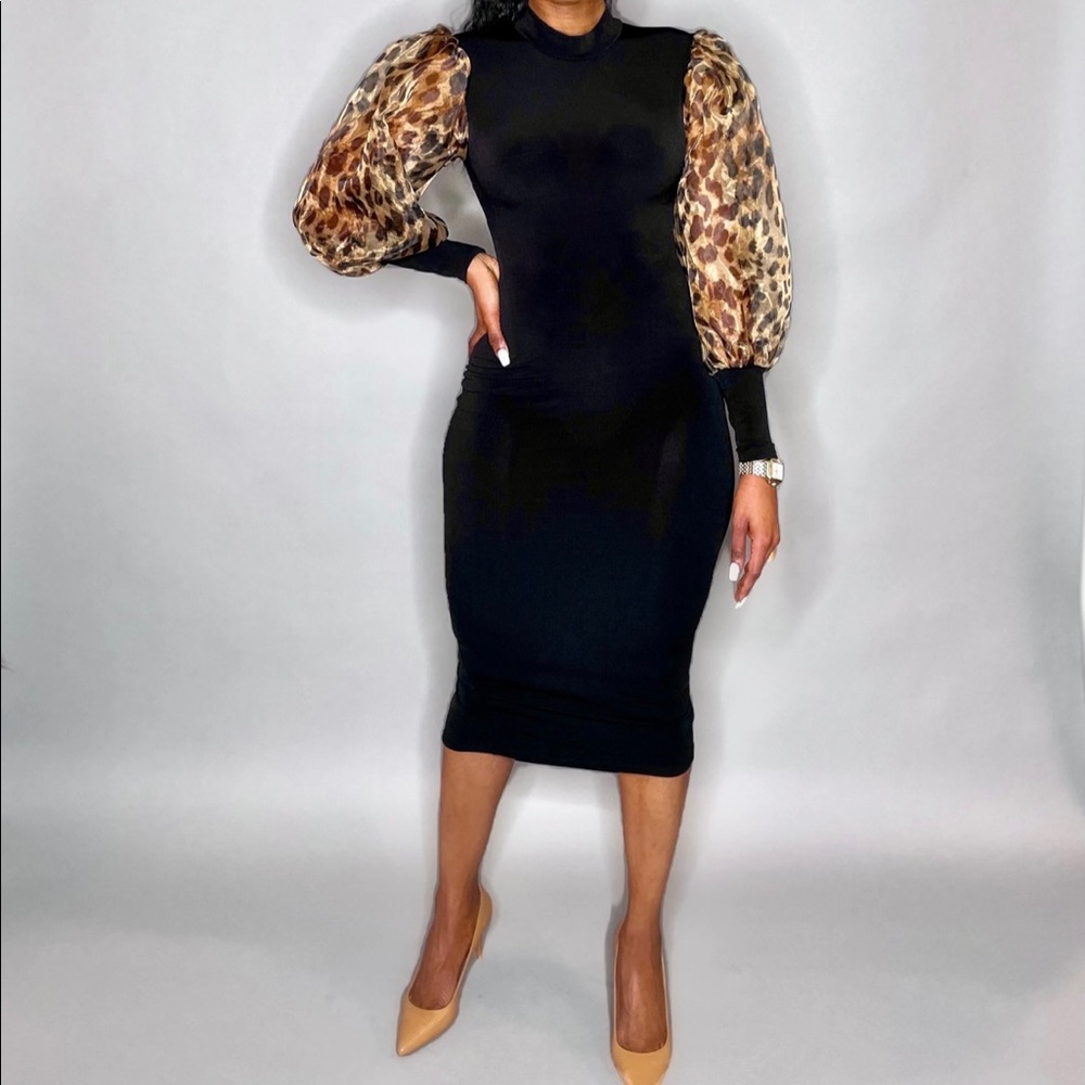 Black Mock Neck Mesh Lantern Sleeve Dress